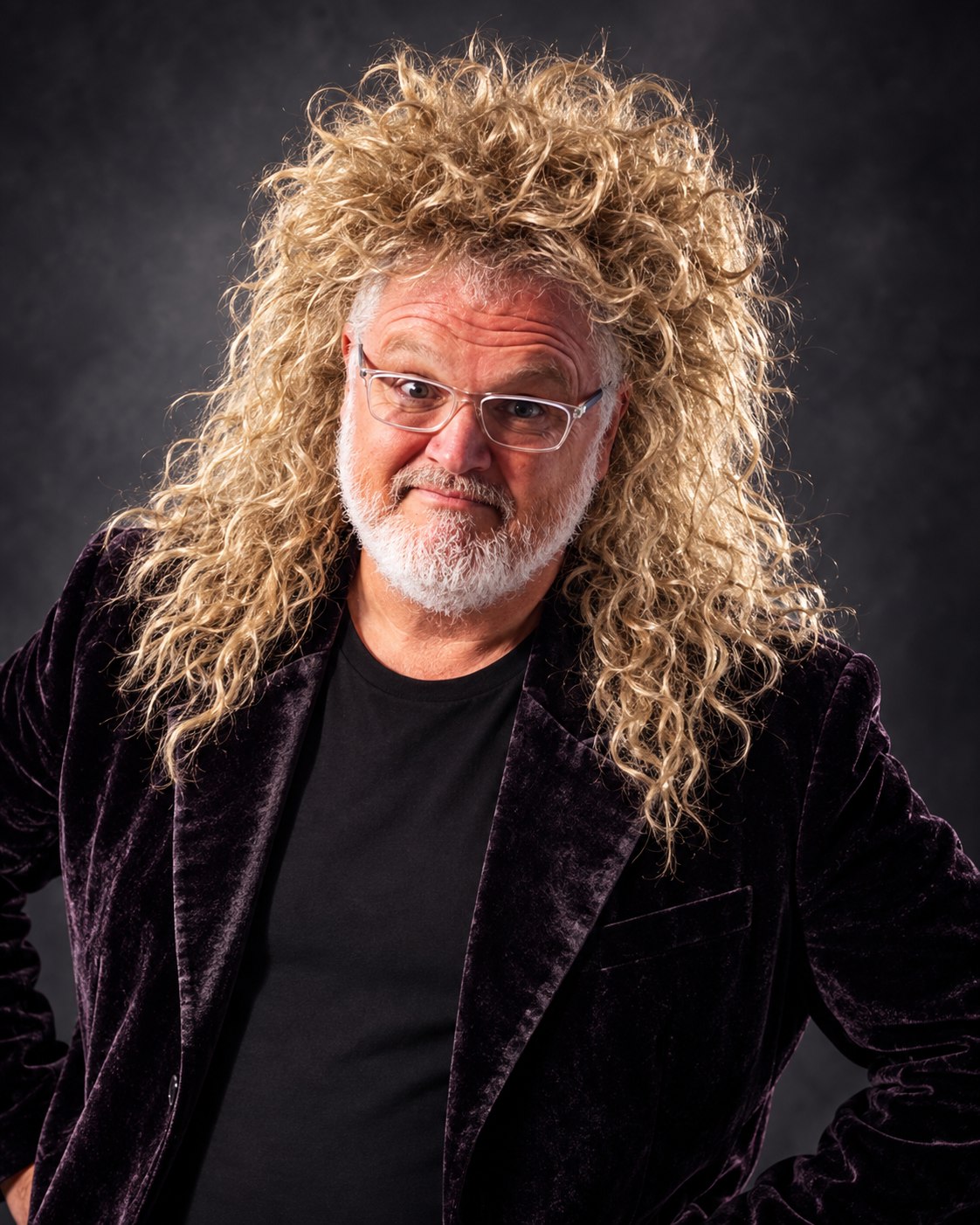 Gary in an imaginary eighties rock-star wig