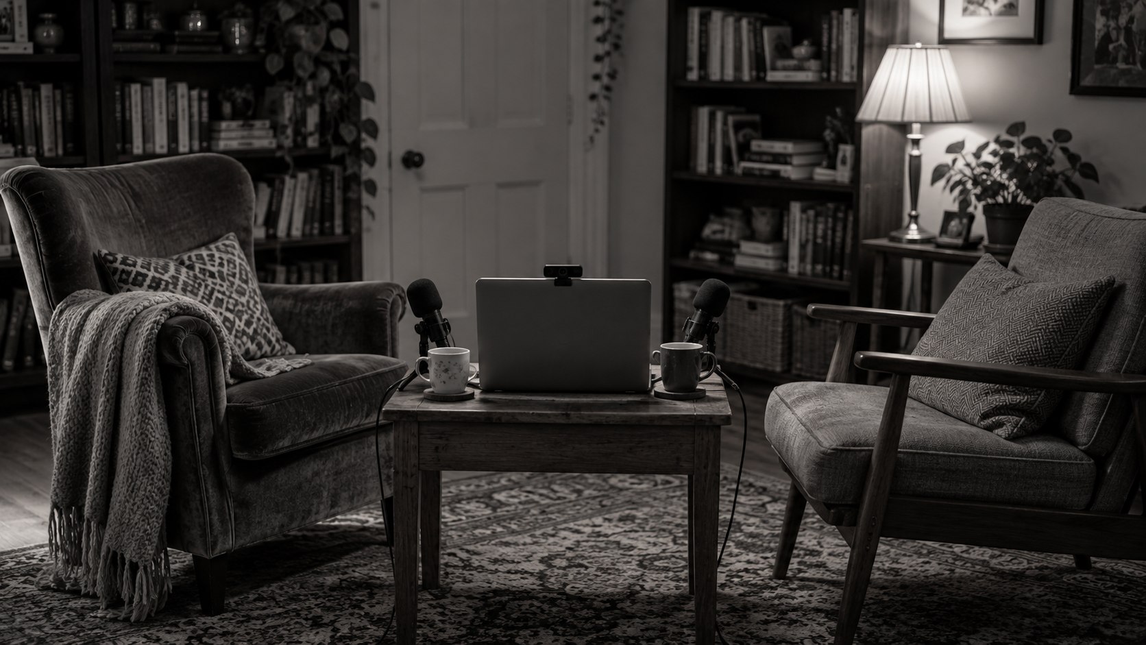 Illustrative home interview setup with two empty chairs and a webcam